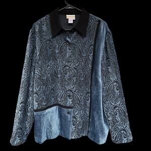 Coldwater Creek Shirt Womens 22W Blue Black Paisley Jacquard Button Front Plus
